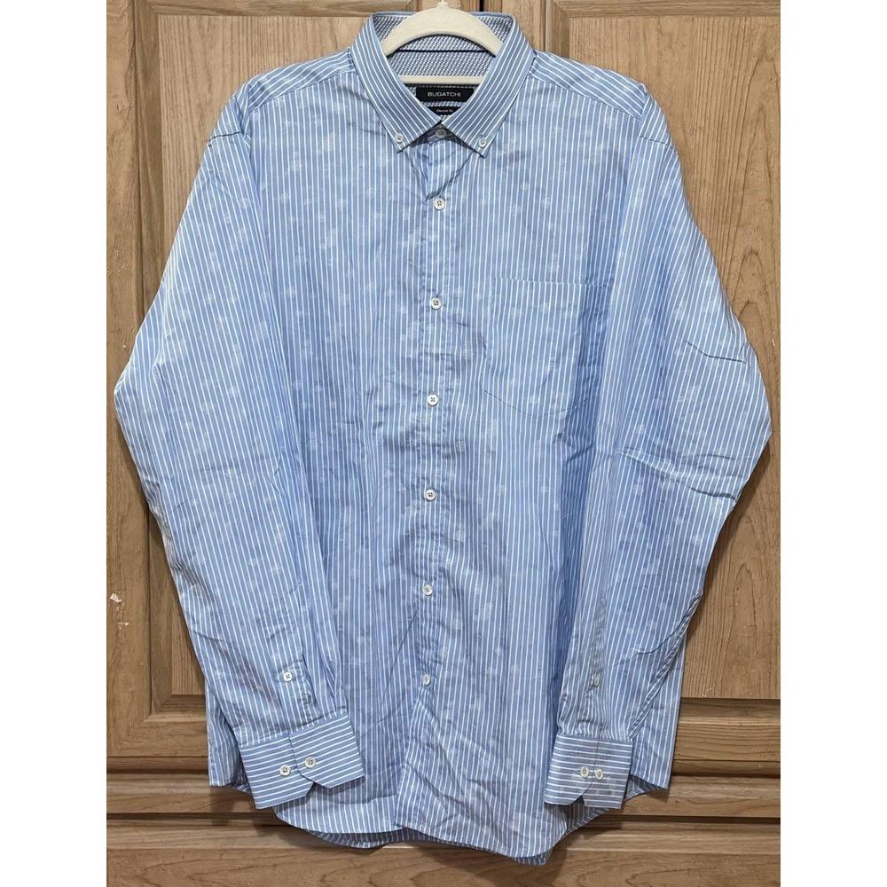 BUGATCHI DRESS SHIRT Men's L Blue Striped Floral Classic Long Sleeve Button Up
